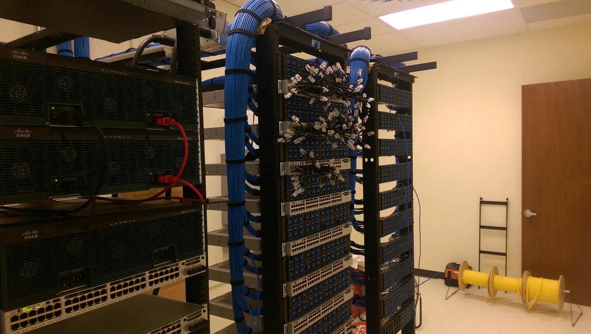Server room with Cisco switches and patch panels
